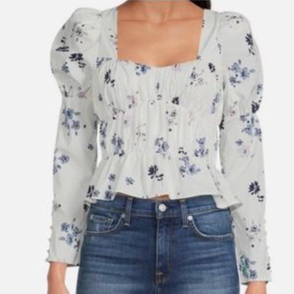 LIKE NEW Wayf White and Blue Floral Long Sleeve Crop Blouse/Top